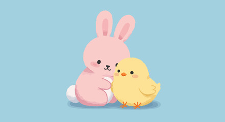 Fototapeta premium Cute Pink Bunny and Yellow Chick Illustration for Easter.