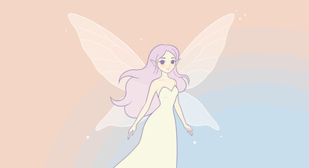 Cartoon Fairy with Lavender Hair and Delicate Wings in a Flowing Dress.