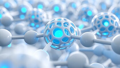 Futuristic molecular structure featuring interconnected spheres and tubular bonds with glowing blue centers and lattice textures