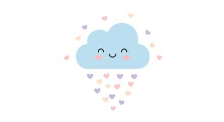 Cute Blue Cloud with Heart Rain and Smiling Face.
