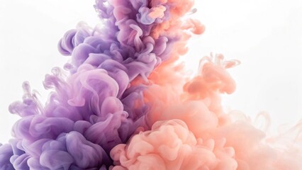 Dynamic fusion of soft purple and peach ink swirling gracefully in water, creating a vibrant, ethereal, and harmonious abstract blend against a light background