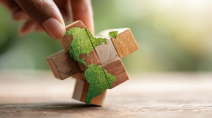 Wooden puzzle pieces forming a cross with a green world map design.