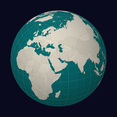 Kuwait on the map. Globe centered to Kuwait. Country location on the world map. Teal Pale Mint color palette. Globe with countries, meridians and parallels. Classic vector illustration.