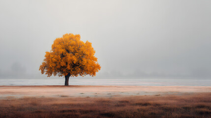 A foggy morning in a field with a lone tree covered in golden leaves, shot in pastel tones for a dreamy effect
