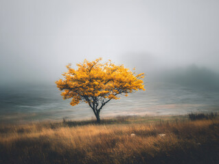 A foggy morning in a field with a lone tree covered in golden leaves, shot in pastel tones for a dreamy effect
