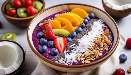 a vibrant acai bowl topped with fresh fruits granola and coconut flakes symbolizing a healthy and refreshing meal
