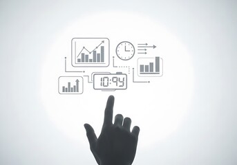 Finger touching a digital screen displaying business charts graphs and a clock representing data analysis and time management