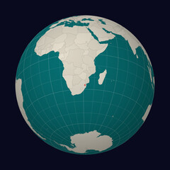 ESwatini on the map. Globe centered to eSwatini. Country location on the world map. Teal Pale Mint color palette. Globe with countries, meridians and parallels. Vibrant vector illustration.