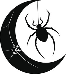 Halloween spider hanging from crescent moon silhouette isolated on white background