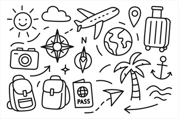 Hand Drawn Travel and Vacation Doodle Icons Set – Vector Illustration