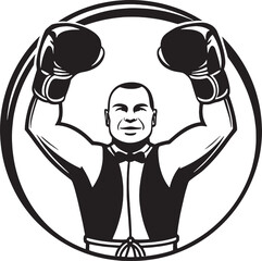 Black and white vector of a male boxer with raised arms inside a circular frame, symbolizing victory and confidence.