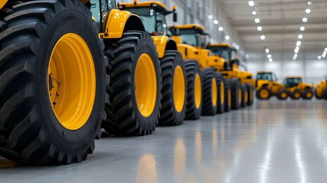Row of Heavy Equipment Vehicles: Tractors aligned inside a factory awaiting distribution, boasting black tires and vibrant yellow wheel rims, ready for work.
