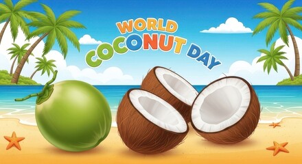 Tropical beach scene celebrating world coconut day