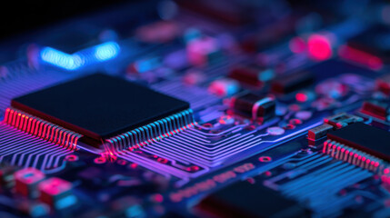 Close up view of a circuit board with microchips glowing in blue and red light technology detail