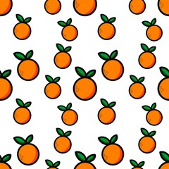 Seamless citrus orange fruit pattern with green leaves on white background, hand-drawn vector style for summer themes, fresh food branding, kitchen textiles, packaging, or healthy lifestyle content.