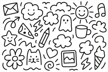 Hand-Drawn Doodle Icons Set – Fun and Whimsical Black Line Art on White Background