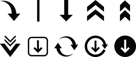 Cad drawing flat vector illustration of various black arrow icons, navigation symbols, graphic elements, direction pointers, editable icons
