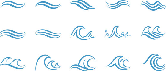 Cad drawing flat vector illustration of stylized blue wave icons set, ocean motion symbols, ripple designs, fluid aquatic graphics