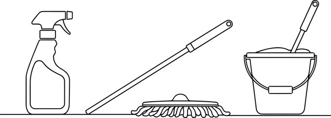 Cleaning equipment icon set, spray bottle, mop and bucket silhouette, CAD vector illustration for hygiene and sanitation tools