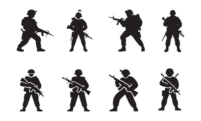 Military Army with Weapons Black Silhouette Vector Isolated on White Background

