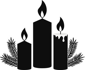 Three lit candles with pine branches silhouette isolated on white background