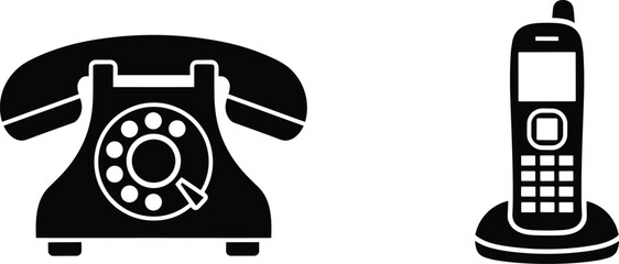 Telephone icon set, vintage rotary and modern cordless phones, vector illustration of communication devices, CAD line art design elements