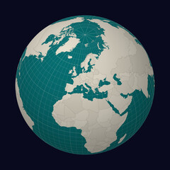 San Marino on the map. Globe centered to San Marino. Country location on the world map. Teal Pale Mint color palette. Globe with countries, meridians and parallels. Neat vector illustration.