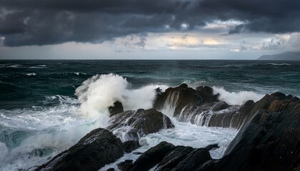 dark waves crashing against rocky shoreline