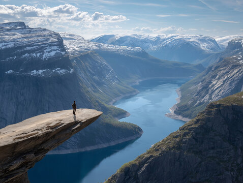 Trolltunga rock with hiker overlooking valley