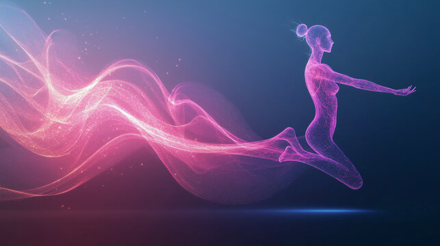 Futuristic human figure with neon light trails on dark gradient background, digital energy wellness