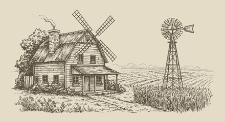 Rustic Farmhouse with Windmill Hand-Drawn Sketch Illustration. © Adi