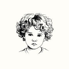 Black and white hand-drawn vector illustration of a child’s face with curly hair, expressive eyes, and neutral expression on a light background