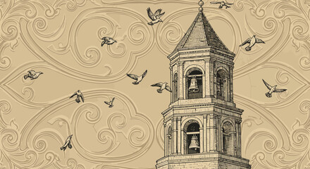 Ornate Bell Tower with Flying Birds and Decorative Swirls Illustration.