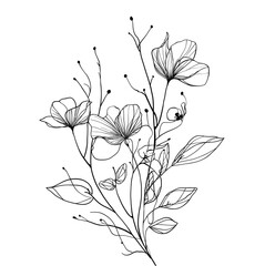 Elegant black and white vector drawing featuring thin lines and soft curves to depict flowers, leaves, and fine branches in a minimalistic floral design