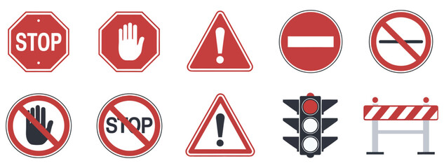 Essential traffic and safety signs for roads and construction zones, featuring stop signs, danger warnings, and road closed signals for efficient traffic management and safety awareness