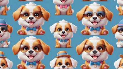 Obraz premium Puppy Pattern: A repeating pattern of adorable, smiling puppies with various accessories creates a playful and whimsical aesthetic. 