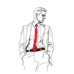 Minimalist vector illustration of a confident businessman in a suit and red tie, created with continuous line art style, ideal for corporate and professional design projects