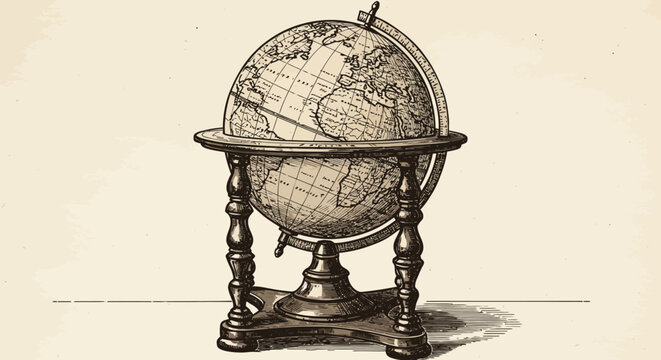 Vintage Globe Illustration with Detailed Cartography and Wooden Stand.