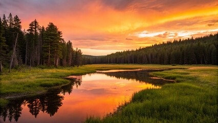 Tranquil golden hour sunset over a serene forest lake, with the vibrant orange and yellow sky reflecting beautifully on the still water