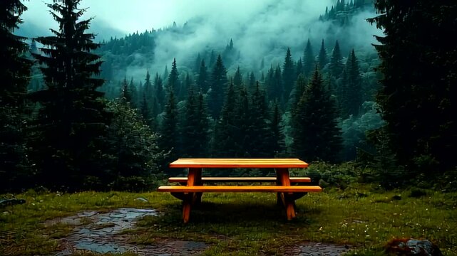 Peaceful Picnic in the Woods: Serene Mountain Landscape with Wooden Tables