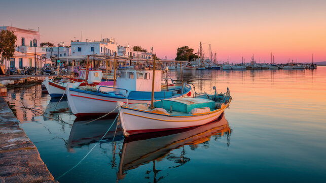 Greek fishing boats in Paros port at sunrise