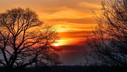 Fototapeta premium a serene sunset with the sun partially visible on the horizon casting an orange glow across the sky bare tree branches are silhouetted against the colorful sky with a few other trees visible