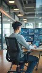 Focused young man analyzing data on multiple screens