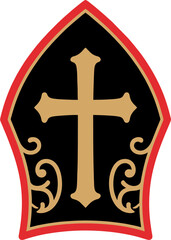 Fototapeta premium Minimalist Black and Gold Bishop Mitre Vector Illustration with Red Trim and Ornate Cross Design