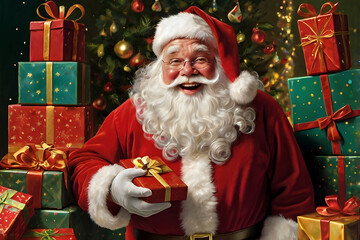 Happy Santa Claus holding, giving presents, gift box with christmas tree on background, Christmas eve celebration, smiling Nicolas in traditional costume. New year greeting card, postcard, background.