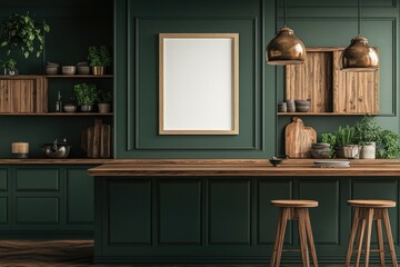 Dark green kitchen with wooden accents and plants (1)