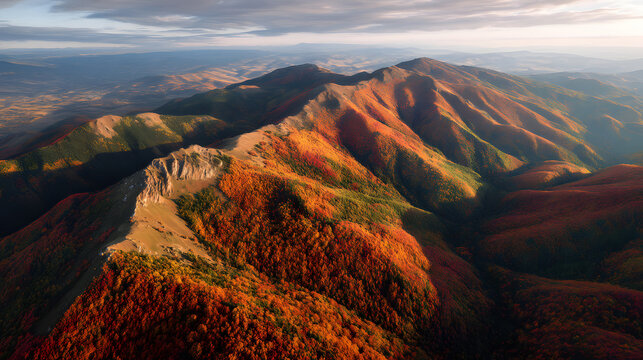 Aerial view of a mountain range covered in autumn foliage