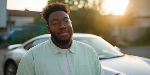 Fototapeta premium Young african male with glasses standing by car in sunlight