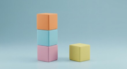 Stacked Cubes Composition: A minimalist composition featuring three vibrant, stacked cubes in a tower, next to a standalone cube on a soft pastel background, embodying balance and design.