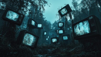 Forest path choked with vintage TVs